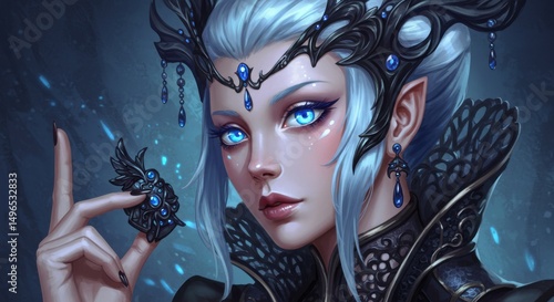 Enchanting Digital Painting of an Ice Elf Queen or Fantasy Sorceress with Luminous Blue Eyes, White Hair, and Ornate Dark Attire, Holding a Small Intricate Object.