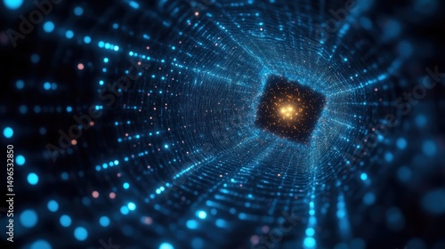 Abstract tunnel made of glowing blue and orange dots creating a sense of depth and movement towards a bright central light