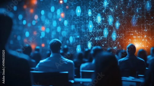 Wallpaper Mural Audience of people watching a digital futuristic blue and orange network visualization with data icons and connecting nodes conveying technology and communication Torontodigital.ca