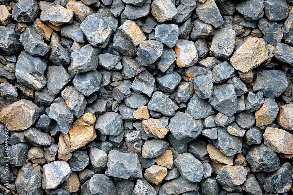 Close-up view of a pile of irregular gray and brown rocks tightly packed together Close-up view of a pile of irregular gray and brown rocks tightly packed together