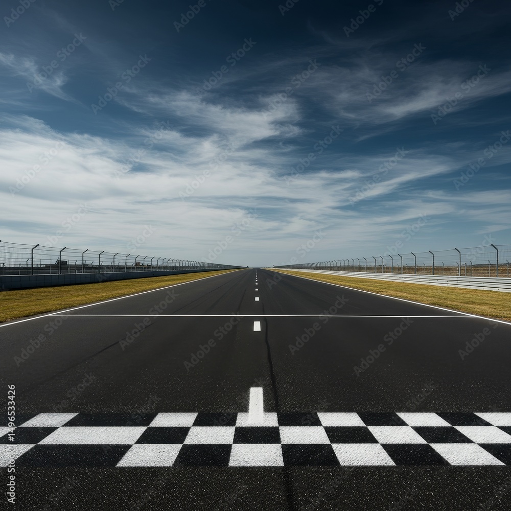 Fototapeta premium Empty Racing Track with Finish Line Under Blue Sky Photo