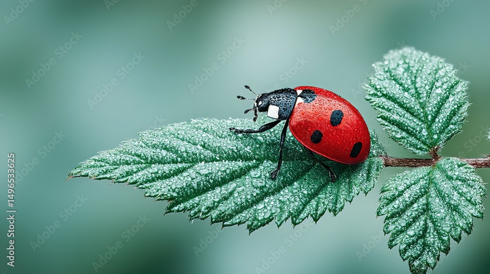 Obraz premium Ladybug on a dewy leaf.