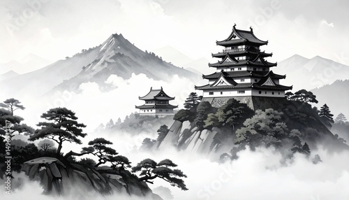 Custom AI Model,水墨画で描かれた岐阜城と山の幻想風景