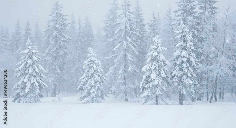 Naklejka premium snow covered trees in the forest.Serene Winter Forest with Snow-Covered Pine Trees During Snowfall