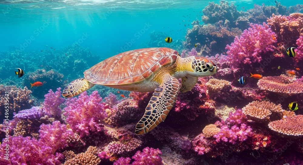Fototapeta premium Hawksbill Sea Turtle in Vibrant Coral Reef Ecosystem