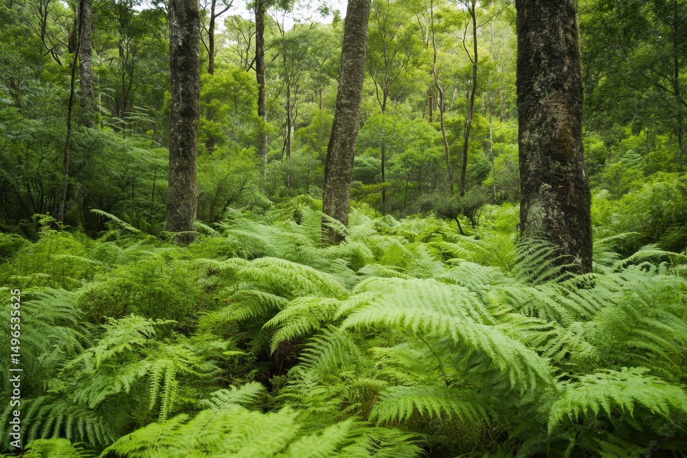Obraz premium Lush ferns flourishing in an evergreen forest of Tasmania showcasing vibrant nature and tranquility, Evergreen Tasmania forest nature landscape Fern plants and trees