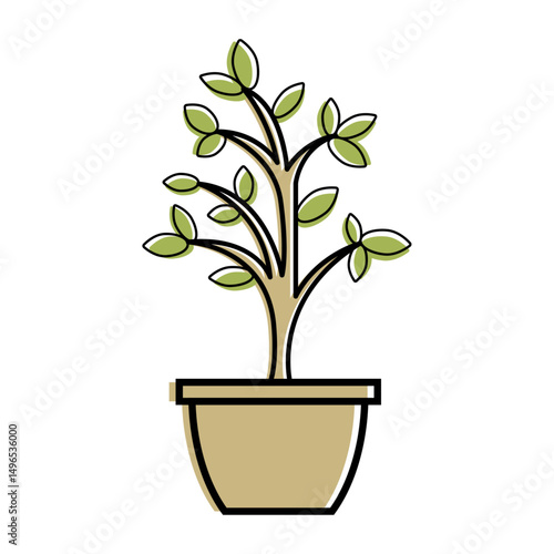 Vector illustration of a potted plant with green leaves in a brown pot. Minimal, clean design ideal for nature, decor, gardening, or eco-themed projects.