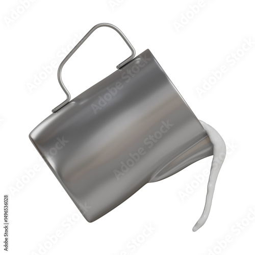 Realistic 3D render of a silver stainless steel frothing pitcher pouring a smooth stream of milk