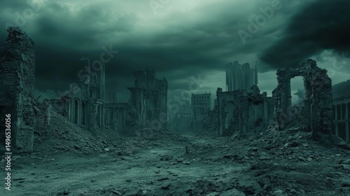 Dark Post-Apocalyptic Urban Landscape with Dramatic Cloudy Sky