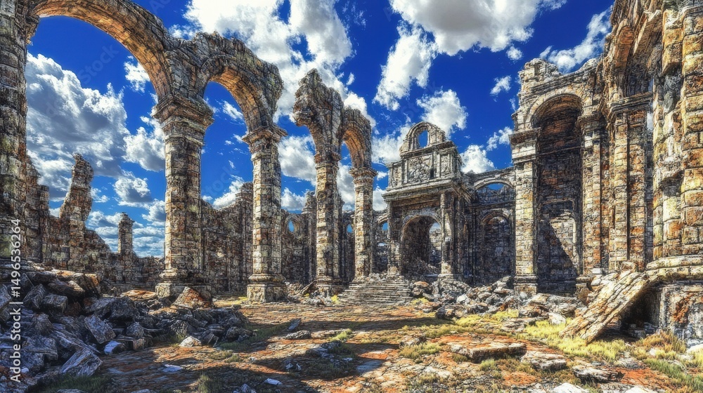 Obraz premium Ancient Ruins with Arches Under a Bright Blue Sky and Clouds