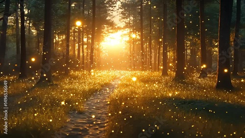 Enchanted Forest Path: Sunlit Trail Through a Mystical Woodland with Sparkling Lights