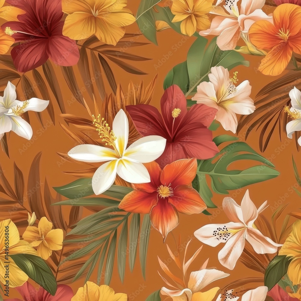 Obraz premium Tropical Floral Pattern with Hibiscus and Plumeria Flowers