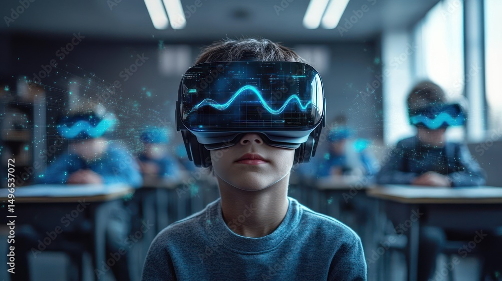 Young boy wearing virtual reality headset with glowing blue digital wave pattern inside a classroom setting with other students also wearing VR headsets Young boy wearing virtual reality headset with glowing blue digital wave pattern inside a classroom setting with other students also wearing VR headsets