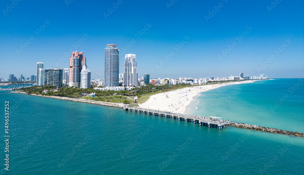 Miami Beach skyline aerial view. Miami city from drone. Tropical Miami scene. Miami district sky view. Famous oceanfront. Panoramic coastline. South beach panorama view. Aerial coastline. Miami Beach skyline aerial view. Miami city from drone. Tropical Miami scene. Miami district sky view. Famous oceanfront. Panoramic coastline. South beach panorama view. Aerial coastline.