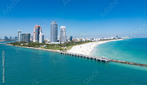 Fototapeta Naklejka Na Ścianę i Meble -  Miami Beach skyline aerial view. Miami city from drone. Tropical Miami scene. Miami district sky view. Famous oceanfront. Panoramic coastline. South beach panorama view. Aerial coastline.