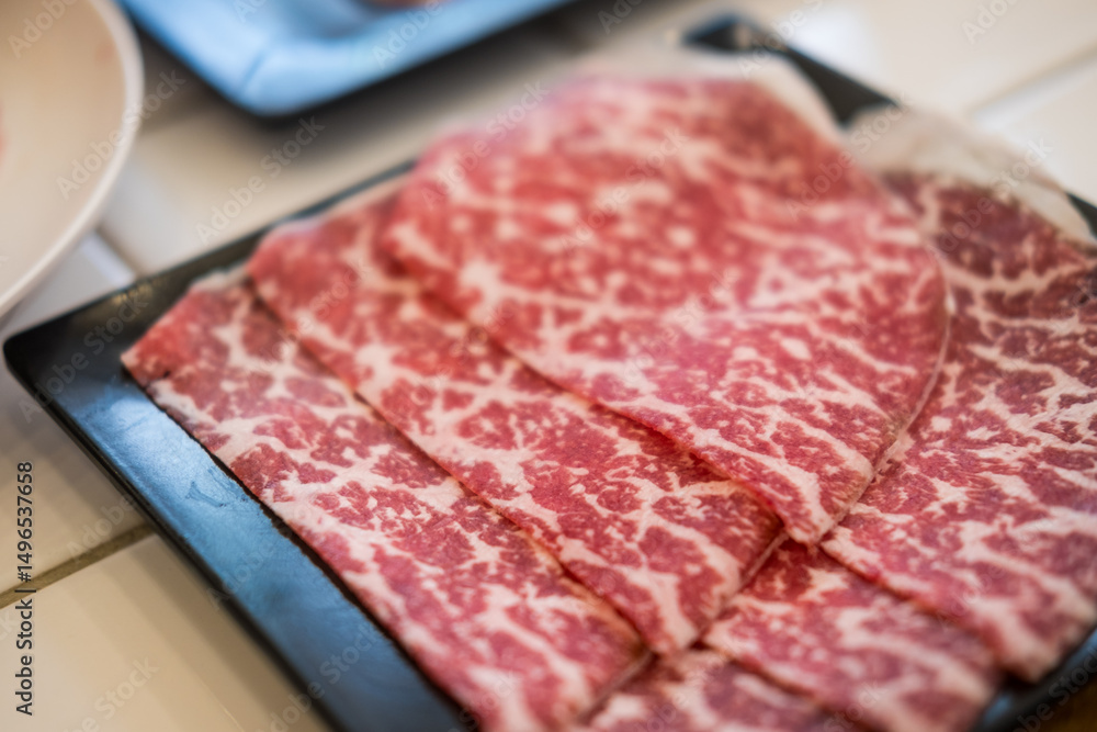 Fototapeta premium Close up shot of marble meat for shabu shabu