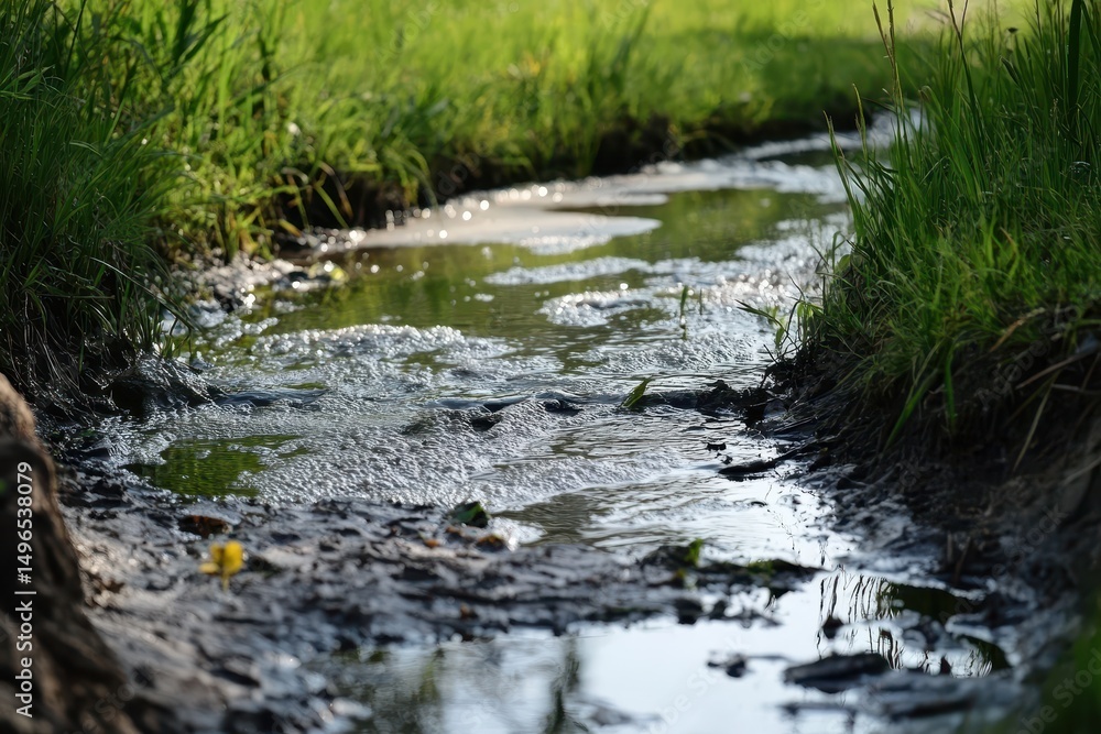Water pollution in a shallow stream surrounded by grass and plants in a natural setting during daytime, Environmental problems related to water pollution Water pollution in a shallow stream surrounded by grass and plants in a natural setting during daytime, Environmental problems related to water pollution