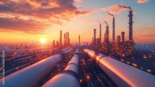 Industrial refinery complex with large pipelines and tall chimneys emitting smoke during a colorful sunset sky