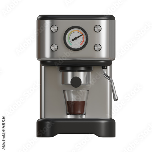 Realistic 3D render of a silver and black chrome-finish coffee machine brewing hot coffee into a clear glass cup