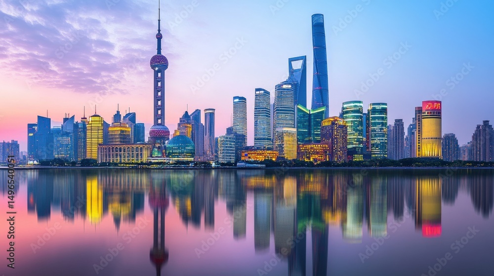 Fototapeta premium Stunning Shanghai Skyline at Dusk with Reflection on Water