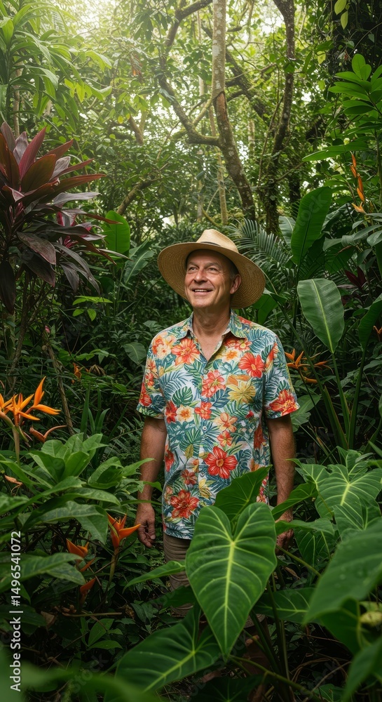 Man In Tropical Garden Posing With Floral Shirt Man In Tropical Garden Posing With Floral Shirt