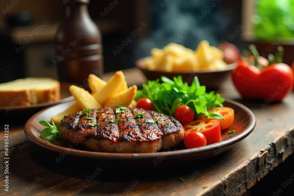 A hearty, rustic ranch-style meal featuring grilled meats, fresh vegetables, and crusty bread served family-style on a wooden table, evoking a sense of wholesome, countryside dining , kitchen, bounty A hearty, rustic ranch-style meal featuring grilled meats, fresh vegetables, and crusty bread served family-style on a wooden table, evoking a sense of wholesome, countryside dining , kitchen, bounty