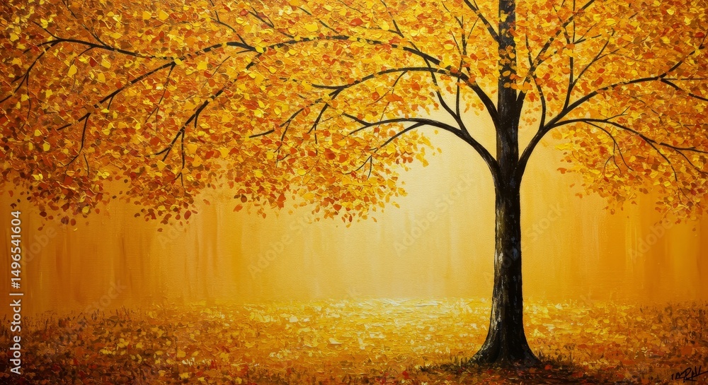 Fototapeta premium Golden Autumn Tree Illustration: Vibrant Yellow Leaves in Warm Sunlight