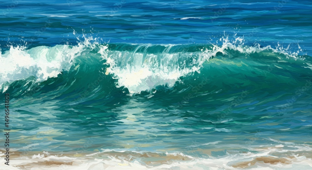 Obraz premium Illustration of Crashing Ocean Waves in Teal and White