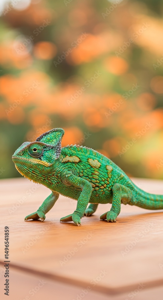 Obraz premium Green Chameleon On Wooden Surface