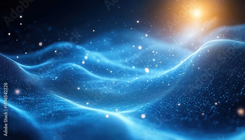 Abstract glowing blue wave grid with floating digital particles illuminated by a warm light source in a dark space