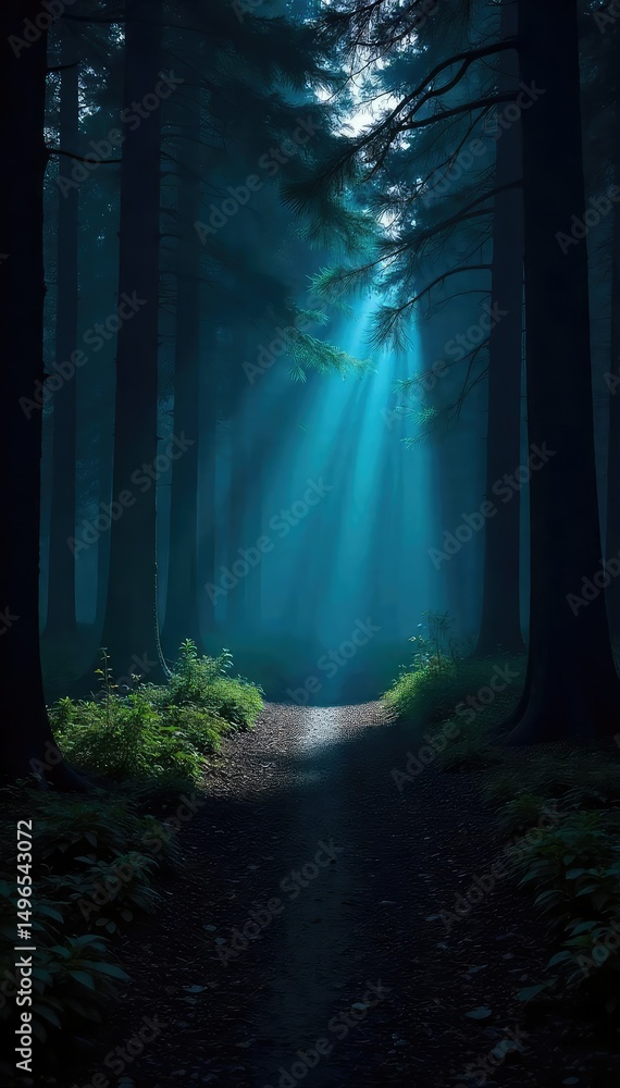 Naklejka premium A powerful flashlight beam cuts through the darkness, illuminating a mysterious, shadowy forest path The light reveals textures and details hidden in the night , scenic, adventure