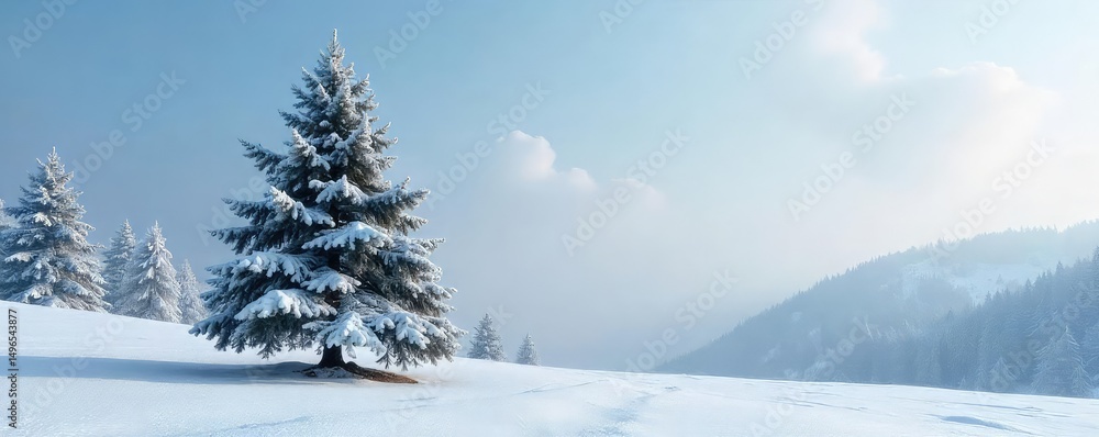 Obraz premium A single, majestic fir tree stands alone in a snowy landscape, its branches laden with fresh powder The serene scene evokes a sense of winter solitude and natural beauty , snow, majestic