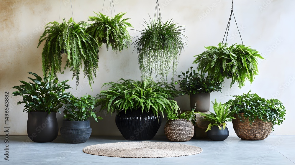 Fototapeta premium Collection of hanging plants in various decorative pots.