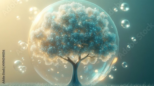 A glowing tree enclosed in a large transparent bubble with smaller floating bubbles around it in a softly lit surreal environment