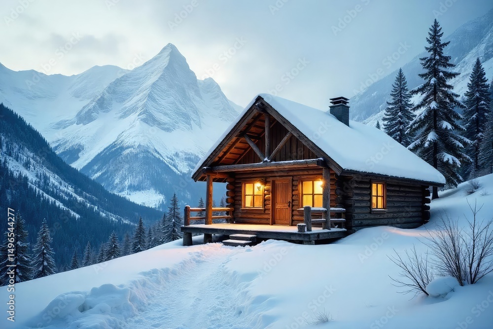 Fototapeta premium A sturdy, rustic wooden cabin nestled in a snowy, mountainous landscape offers refuge from the elements Perfect for winter scenes and cozy ambiance , mountain range, wood, fir trees