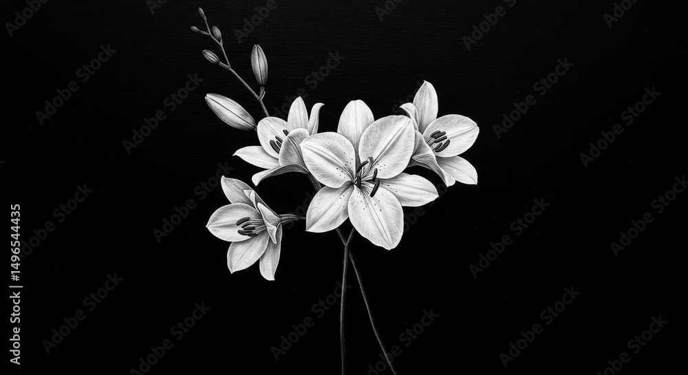 Obraz premium Monochrome Illustration of Delicate White Flowers on Dark Background