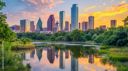 Scenic City Skyline with Water Reflection at Sunset in Houston