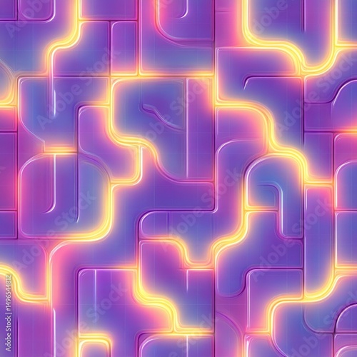 Abstract futuristic pattern with glowing yellow neon lines forming interconnected paths on purple and pink geometric blocks