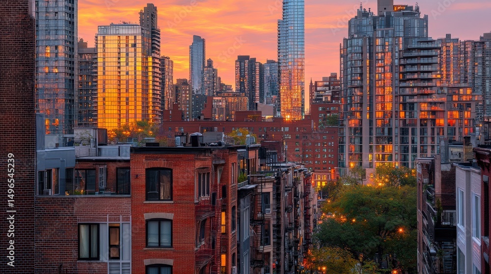 Obraz premium Vibrant Sunset Over Cityscape with Modern and Historic Buildings