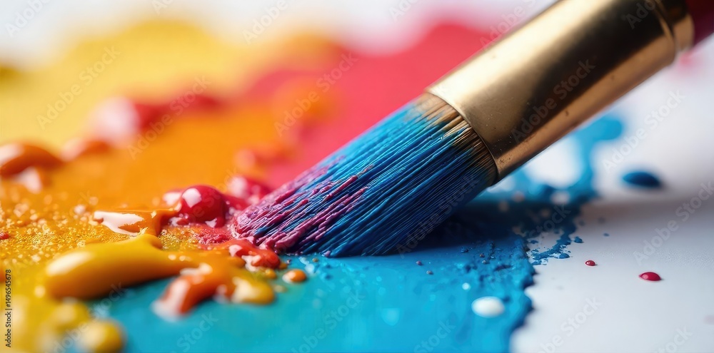 Fototapeta premium Close-up of a paintbrush dipped in vibrant paint, ready for artistic creation The texture of the bristles and the gloss of the paint are clearly visible , tone, color