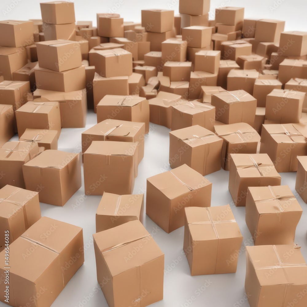 Fototapeta premium Several empty brown cardboard boxes arranged on a clean white surface , clean, cardboard texture, packing supplies