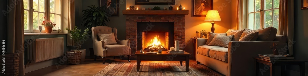 Fototapeta premium Cozy family living room scene, warm lighting, comfortable furniture, games, books, and family atmosphere Perfect for home, family, and comfort themes , love, book, armchair