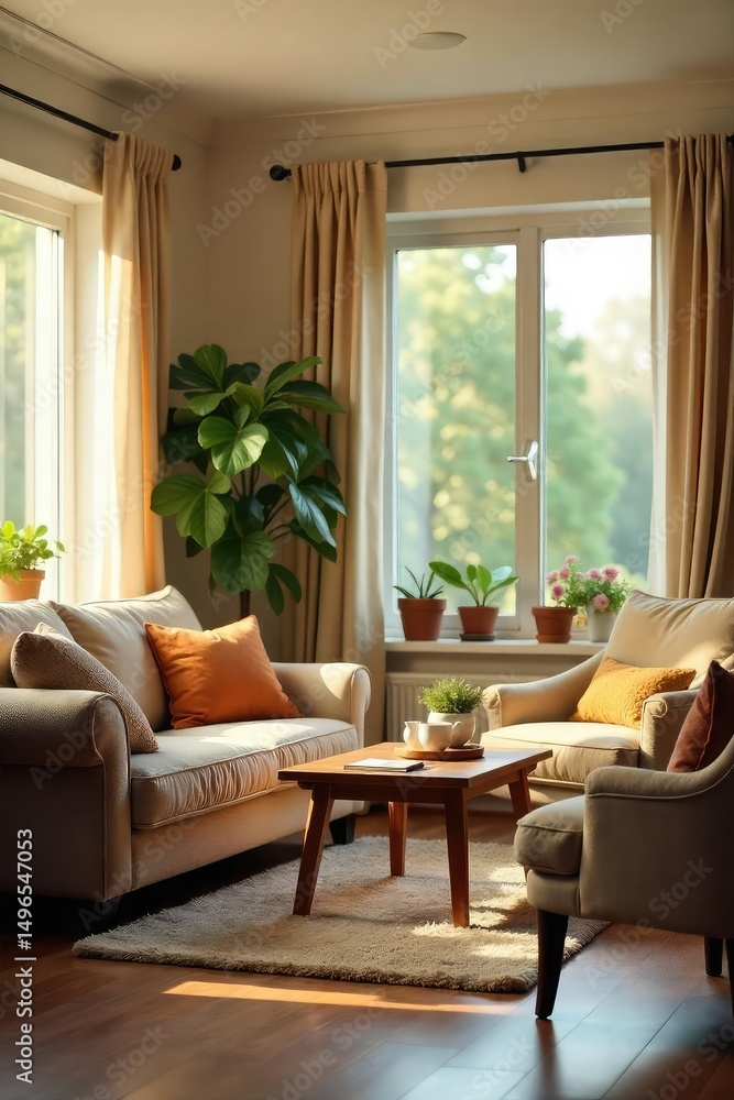 Cozy living room scene in a senior's home, featuring comfortable furniture, soft lighting, and homey decor, creating a warm and inviting atmosphere for peaceful aging , family, domestic, security Cozy living room scene in a senior's home, featuring comfortable furniture, soft lighting, and homey decor, creating a warm and inviting atmosphere for peaceful aging , family, domestic, security