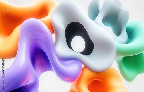 Smooth flowing abstract shapes in various colors including purple, orange, white, and green creating an organic and dynamic composition with a sense of motion and depth