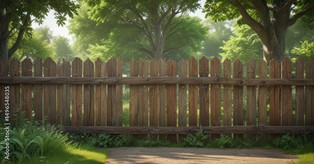 Fototapeta premium Rustic wooden fence, vibrant poster, lush green park background, advertising, horizontal