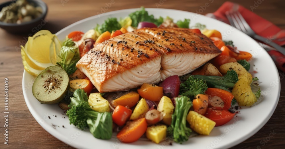 Colorful veggie medley with baked fish, nutritious plate , seafood, cod, protein source Colorful veggie medley with baked fish, nutritious plate , seafood, cod, protein source