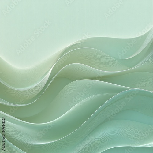 Smooth flowing layered translucent waves in soft gradients of green and blue creating a calm and serene abstract landscape