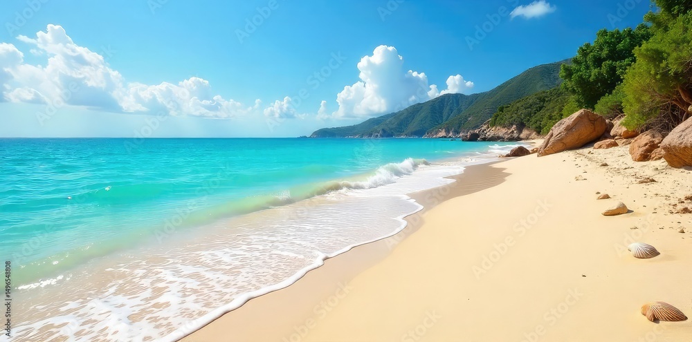 Fototapeta premium Golden sand stretches along a pristine coastline, turquoise water gently laps the shore, seashells scattered along the tideline A tranquil scene of untouched natural beauty , beach, shells, untouched