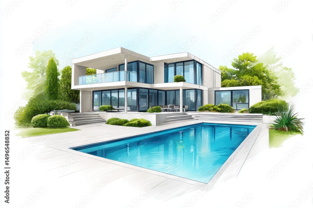 Fototapeta premium Modern house with pool architecture on white background