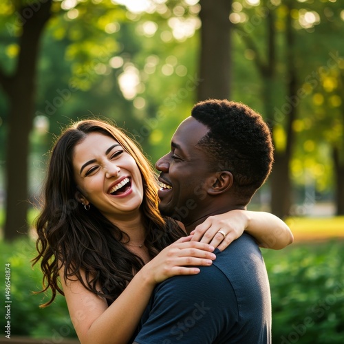 Photo: Interracial Couple Laughing and Embracing in Park